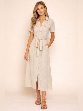 Linen/Viscose Blend Beige Button-Front Shirt Dress with Tie Waist